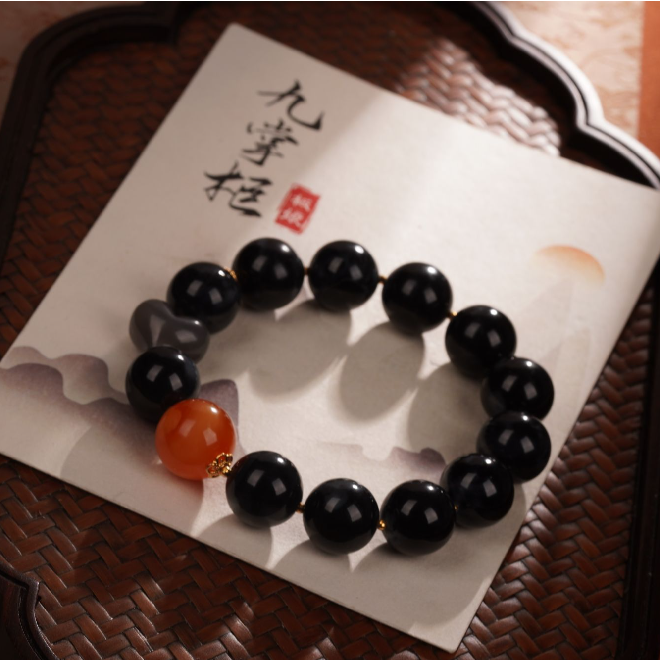 天然和田玉青花料单圈手串18k金配饰—多样性发其一约14mm【JJ181】