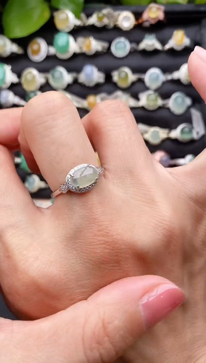 【闪购商品】翡翠戒指银S925镶嵌缅甸天然A货翡翠22   9-8