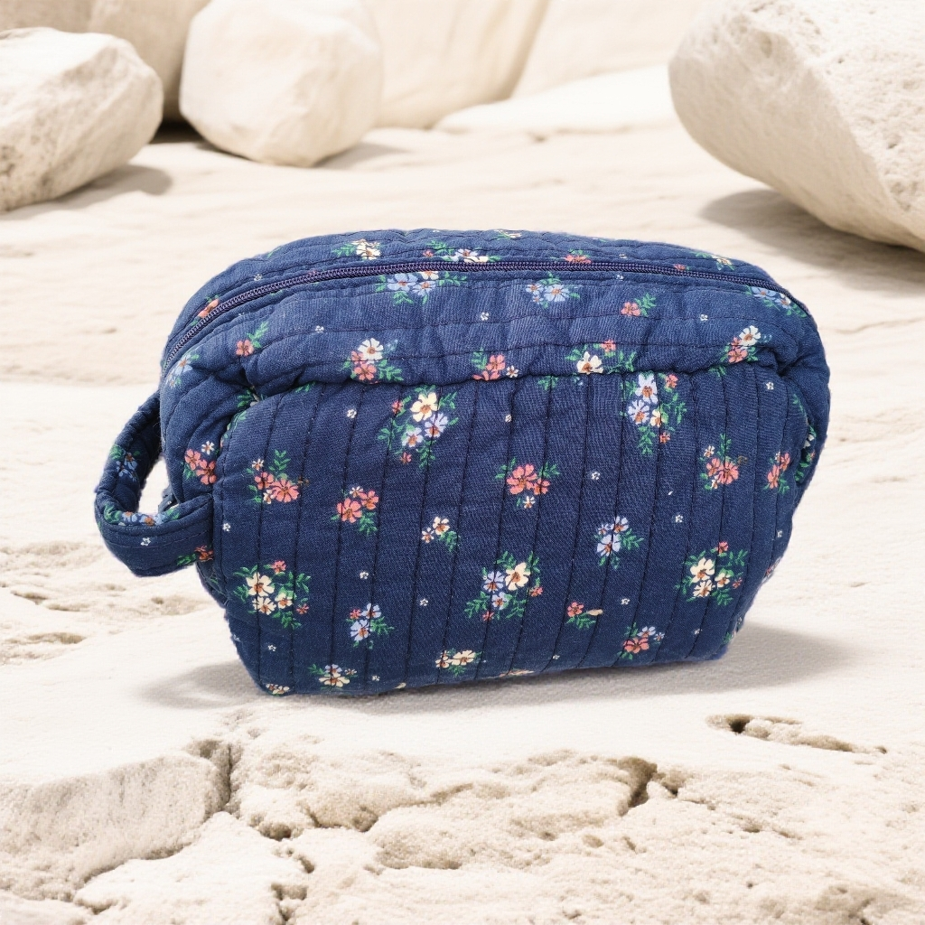 外贸复古藏蓝色碎花纯棉包包化妆包收纳包发一个10*15*20