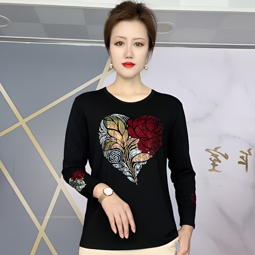 2025新款女装长袖打底衫时尚百搭洋气大码女装爱心玫瑰衫