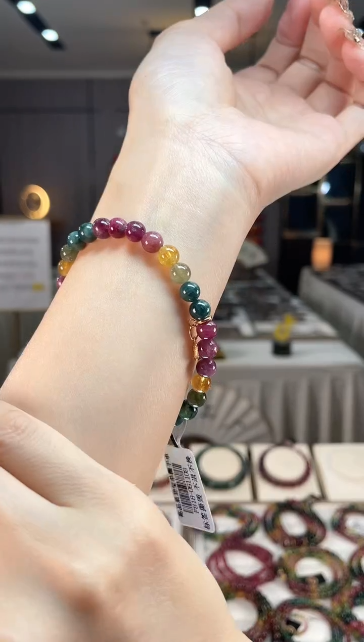 未镶嵌老矿碧玺色标彩虹单圈手串6mm+碧玺dan多样性发货一条