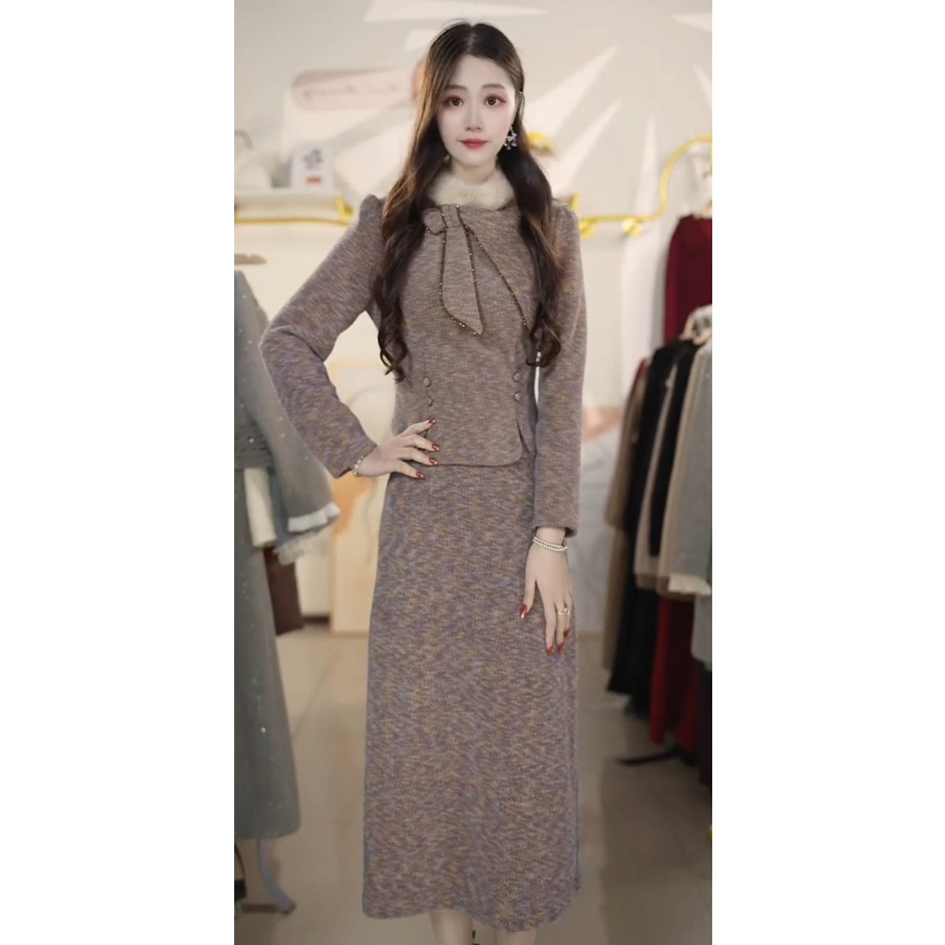 新中式加厚小香风套装2025秋冬新款洋气上衣半身裙两件套Y119107