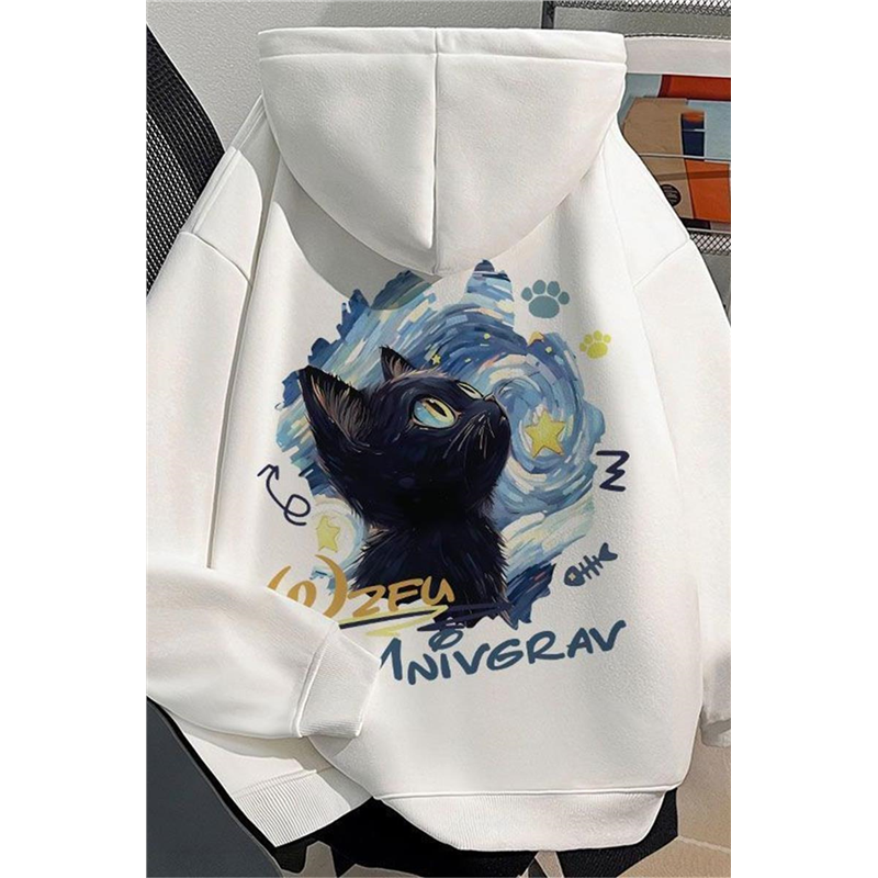 银狐绒美式设计感动漫黑猫连帽卫衣情侣款ins休闲学生秋冬上衣男