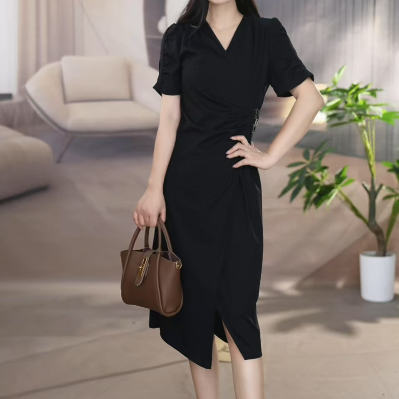 PL057-Z夏季法式百搭气质大码极简风连衣裙休闲显瘦时尚