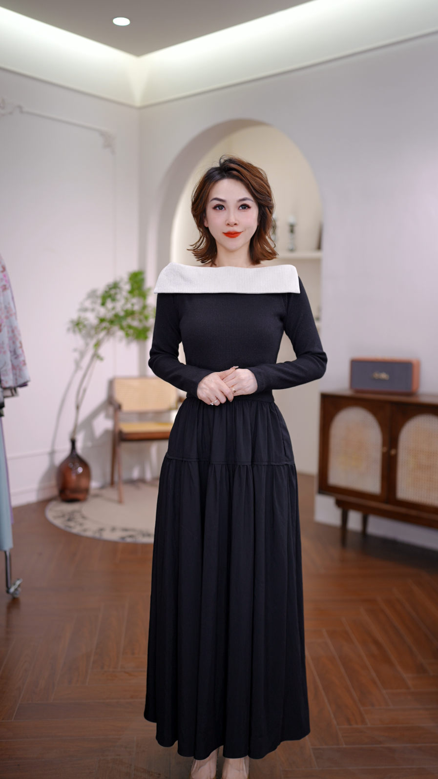 G1873长袖连衣裙赫本风裙长款连衣裙拼接