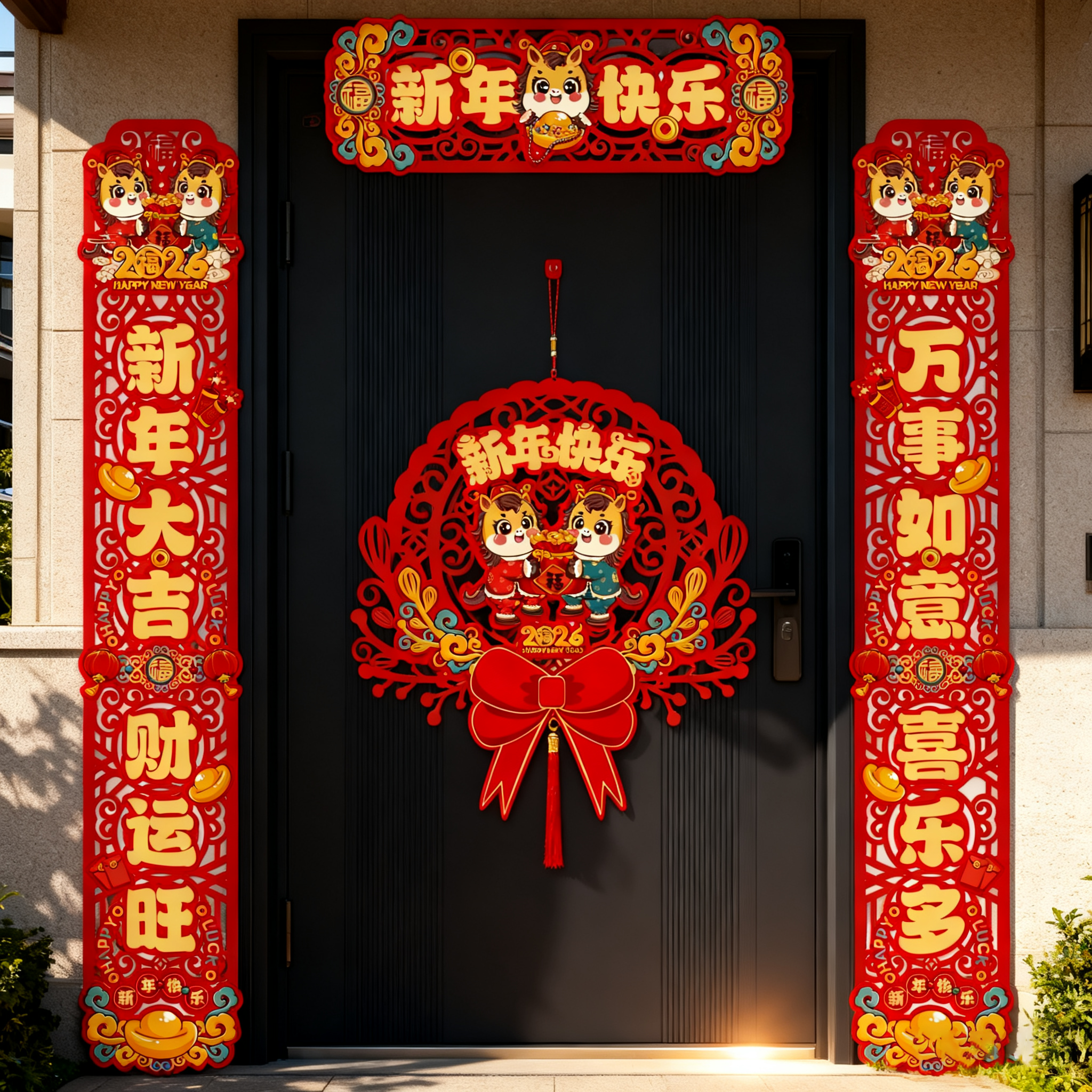 马年大门福字门贴植绒布立体创意马年磁吸春联*DN