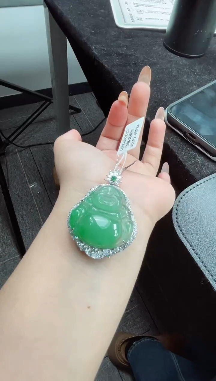 吊坠(赠链)银S925镶嵌石英质玉（非洲翠）2.64佛公