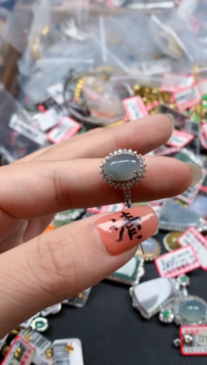 银S925镶嵌戒指翡翠天然A货缅甸翡翠