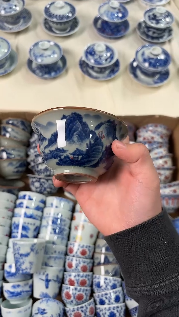 杯子陶瓷景德镇陶瓷茶具老陶泥红山水压手杯