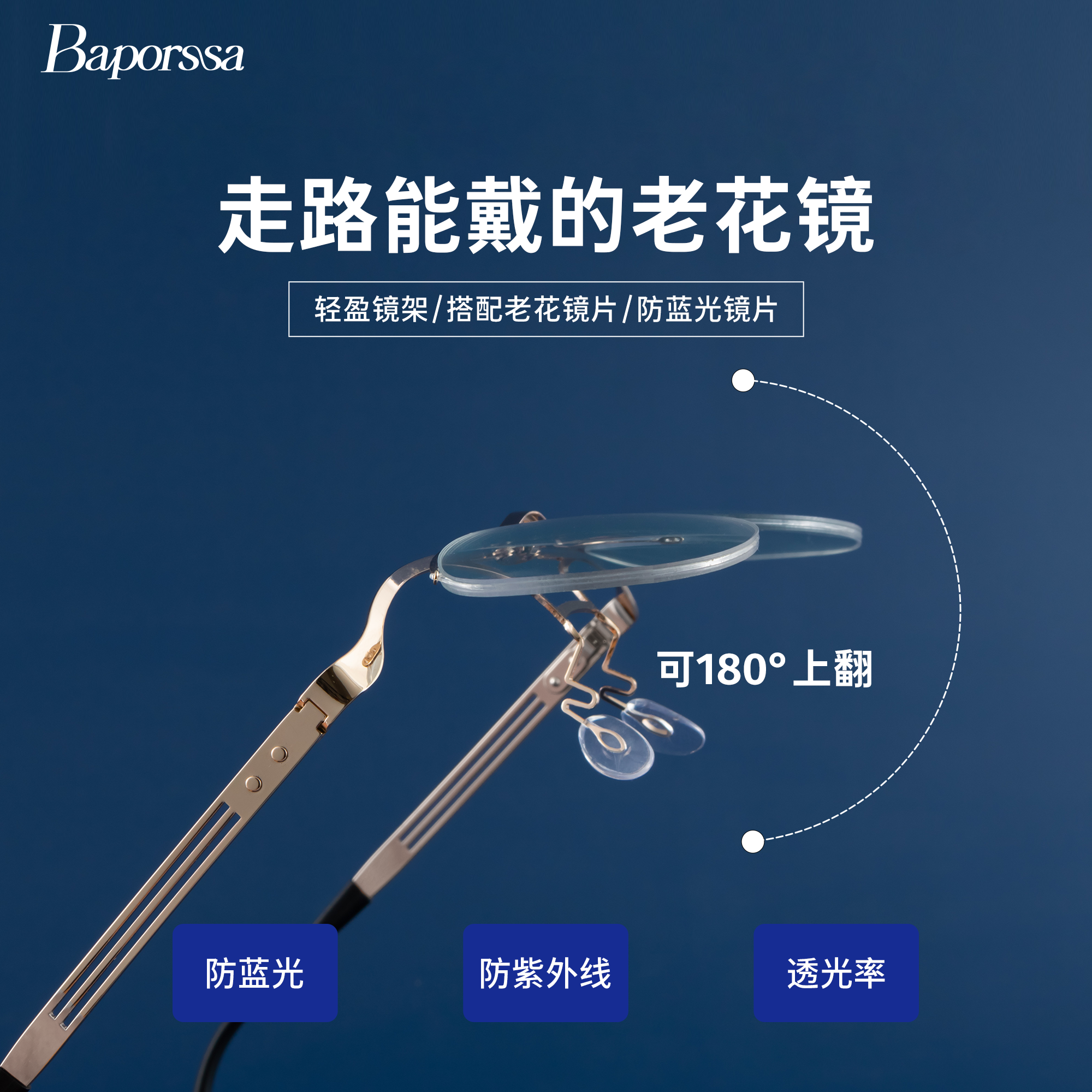 BAPORSSA/巴宝莎时尚防蓝光翻盖老花镜眼镜走路能戴老视镜便携