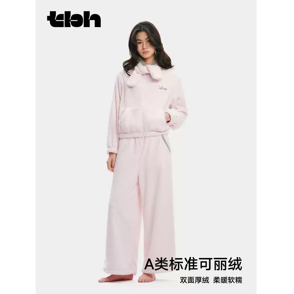 熊猫嘭嘭可丽绒连帽短卫衣套装秋冬可外穿家居服女