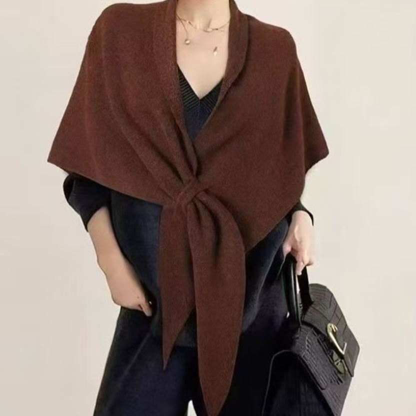 秋冬新款纯色宽松慵懒气质针织三角披肩