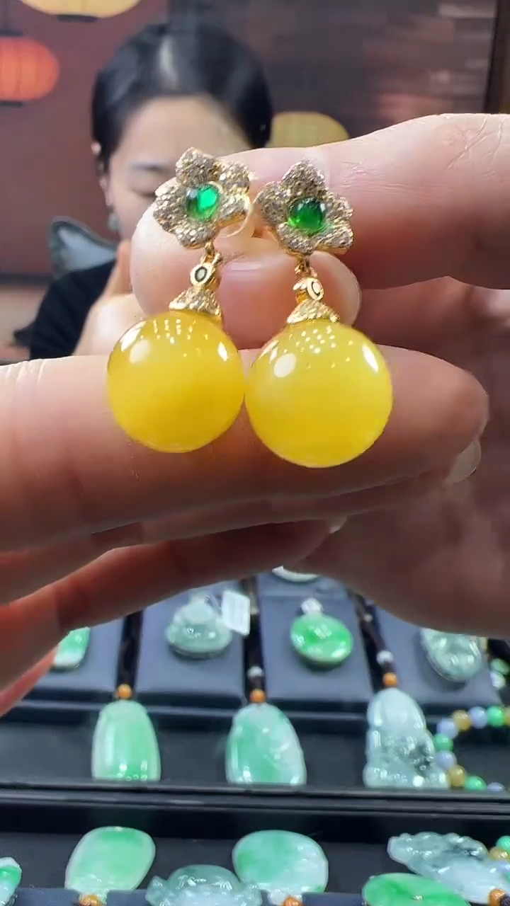 蜜蜡银S925镶嵌耳饰耳钉