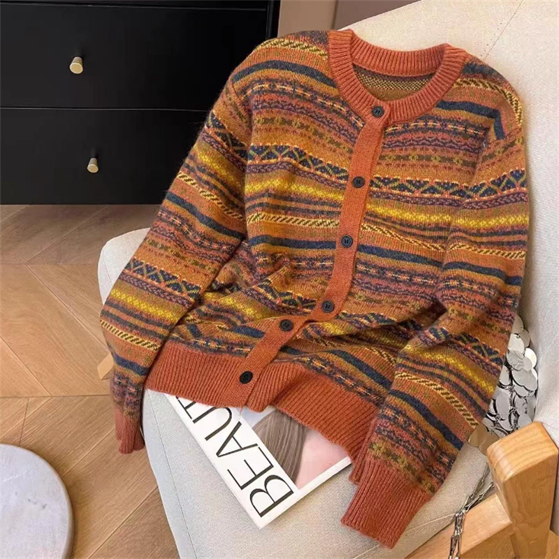 橘色毛衣女开衫秋冬长袖宽松提花拼色条纹复古上衣圆领外套