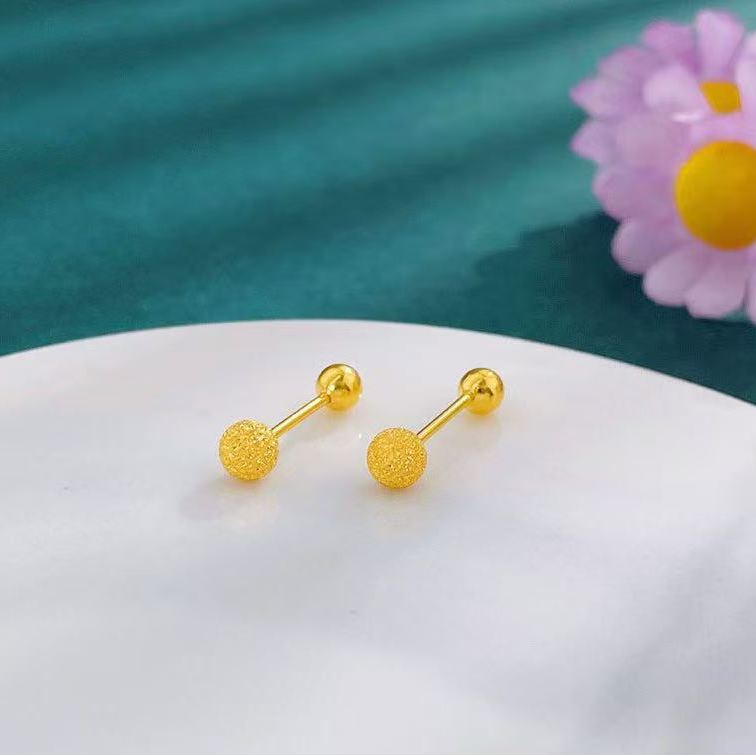 足金 5G工艺 满天星磨砂圆珠可拆螺丝耳钉 