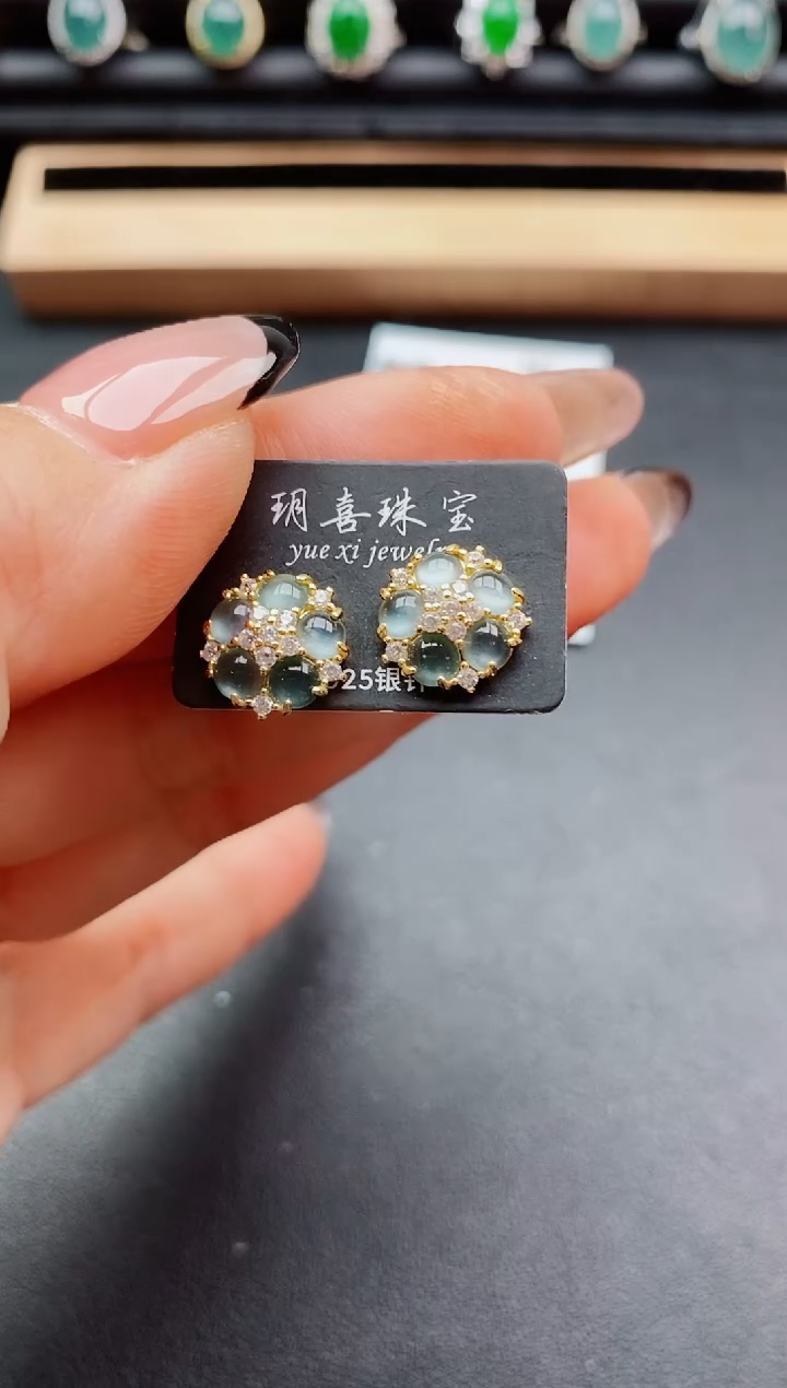 翡翠银S925镶嵌耳饰508050