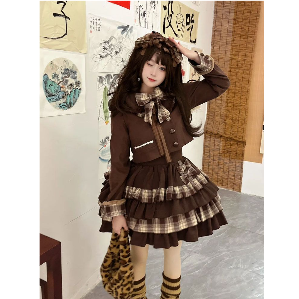 【棕糖物语】格纹拼接甜美少女风可爱棕色毛呢蝴蝶结外套撞色两件套