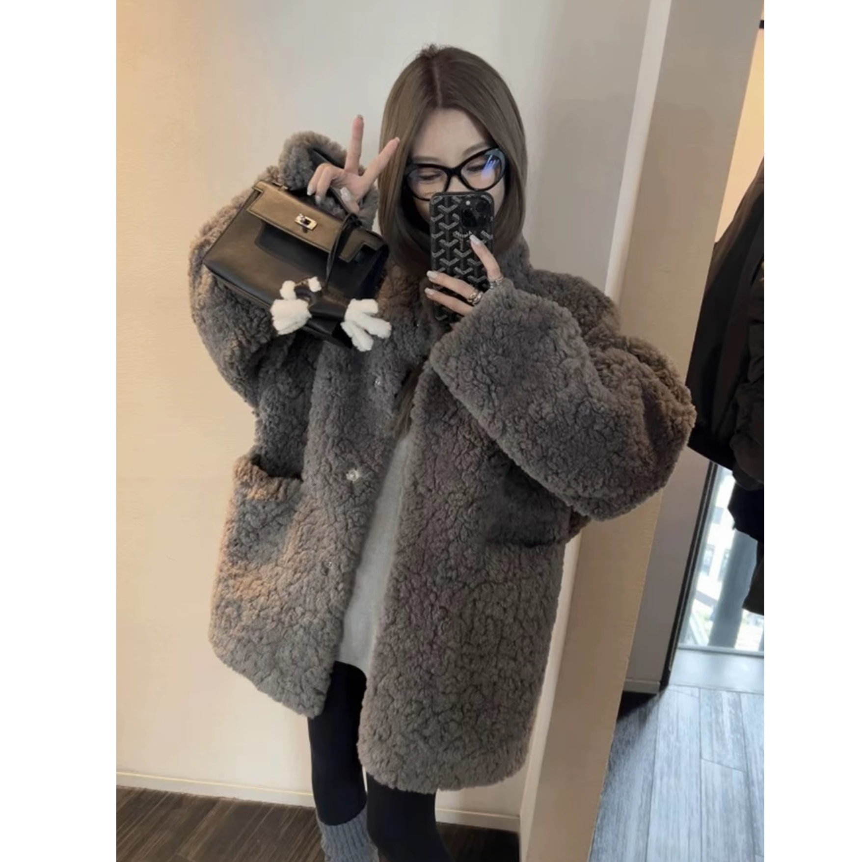 新款立领时尚毛毛外套中长款皮毛一体宽松环保毛绒大衣