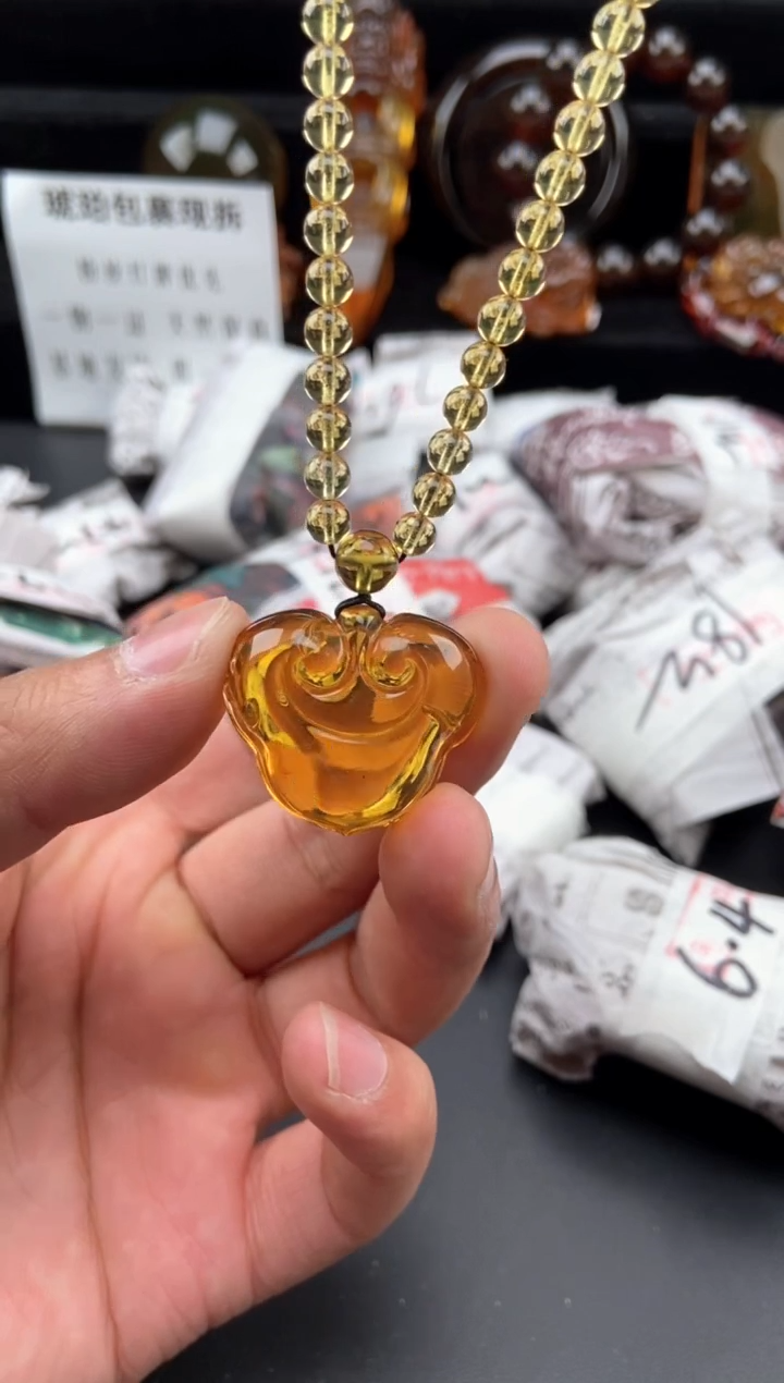 【闪购商品】琥珀颈饰未镶嵌如意锁毛衣链一套