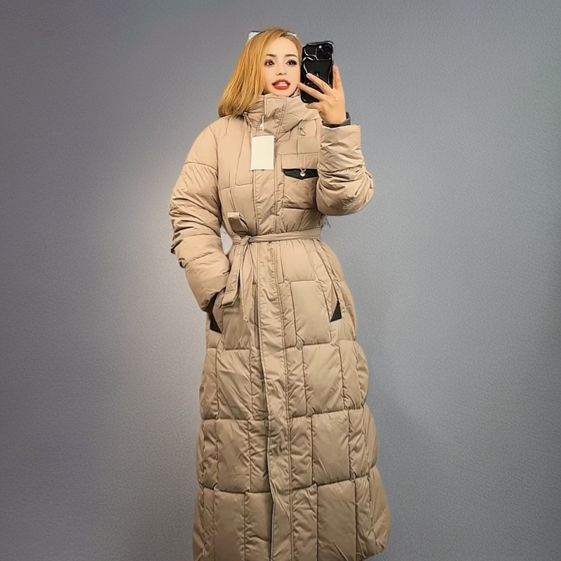 百搭长款连帽修身千金风加厚保暖欧美风冬季收腰女款过膝长款棉服