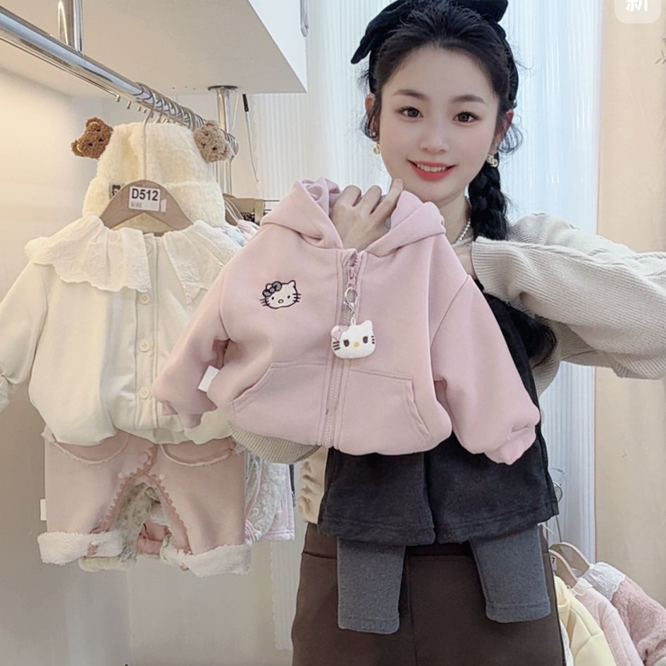 【现现】冬季女宝宝加绒加厚连帽KT女宝宝韩版卡通保暖开衫上衣套装