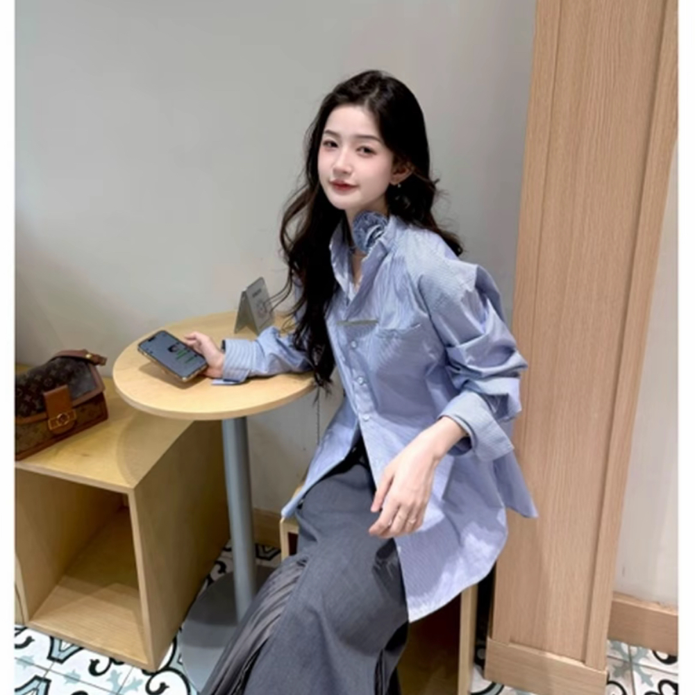 GIRDEAR/哥弟「岸芷丁兰」春夏爆款气质百搭附装饰花条纹衬衫130050