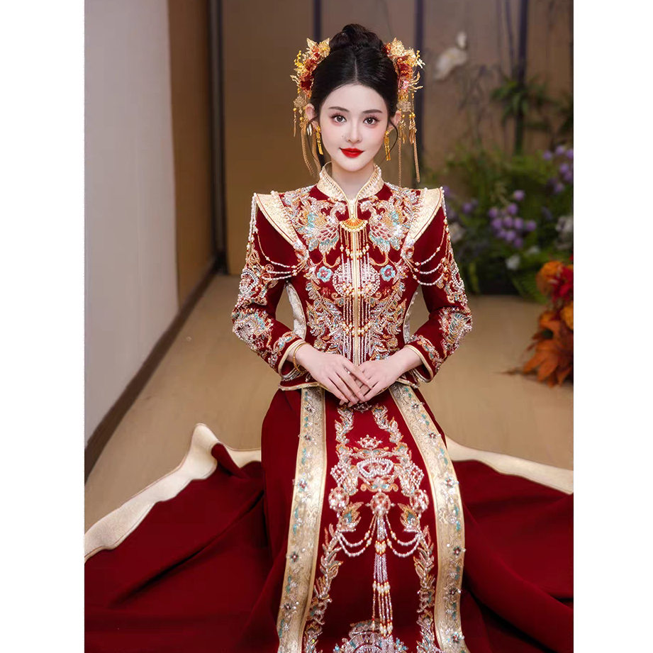 2025新款重工奢华显瘦丝绒小个子婚服秋冬中式嫁衣车厘子红秀禾服