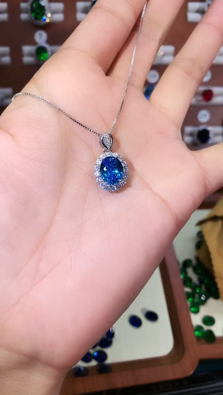 银S925镶嵌颈饰海蓝宝石810白鸟巢切