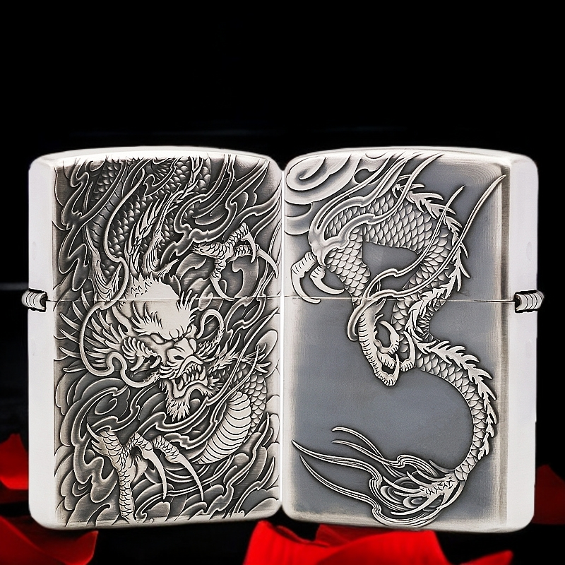 【鬼王老师】定制925银机3D浮雕龙行天下煤油防风打火机    