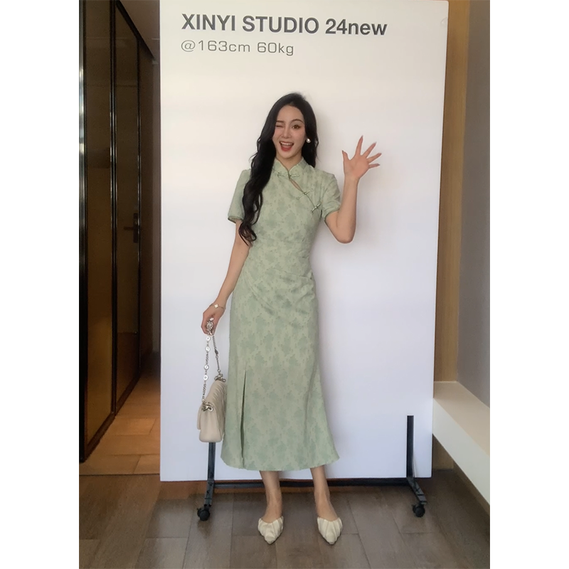 XINYI【春不晚】夏季绿色国风印花连衣裙收腰气质裙X624Q02017