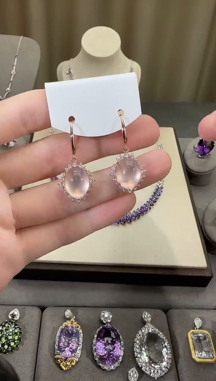 银S925镶嵌耳饰芙蓉石10*12mm星光粉水晶耳钩