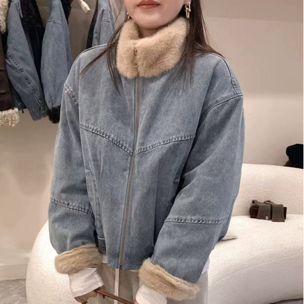 水貂毛拼接牛仔外套女2025年冬季新款韩版保暖百搭显瘦夹克上衣潮