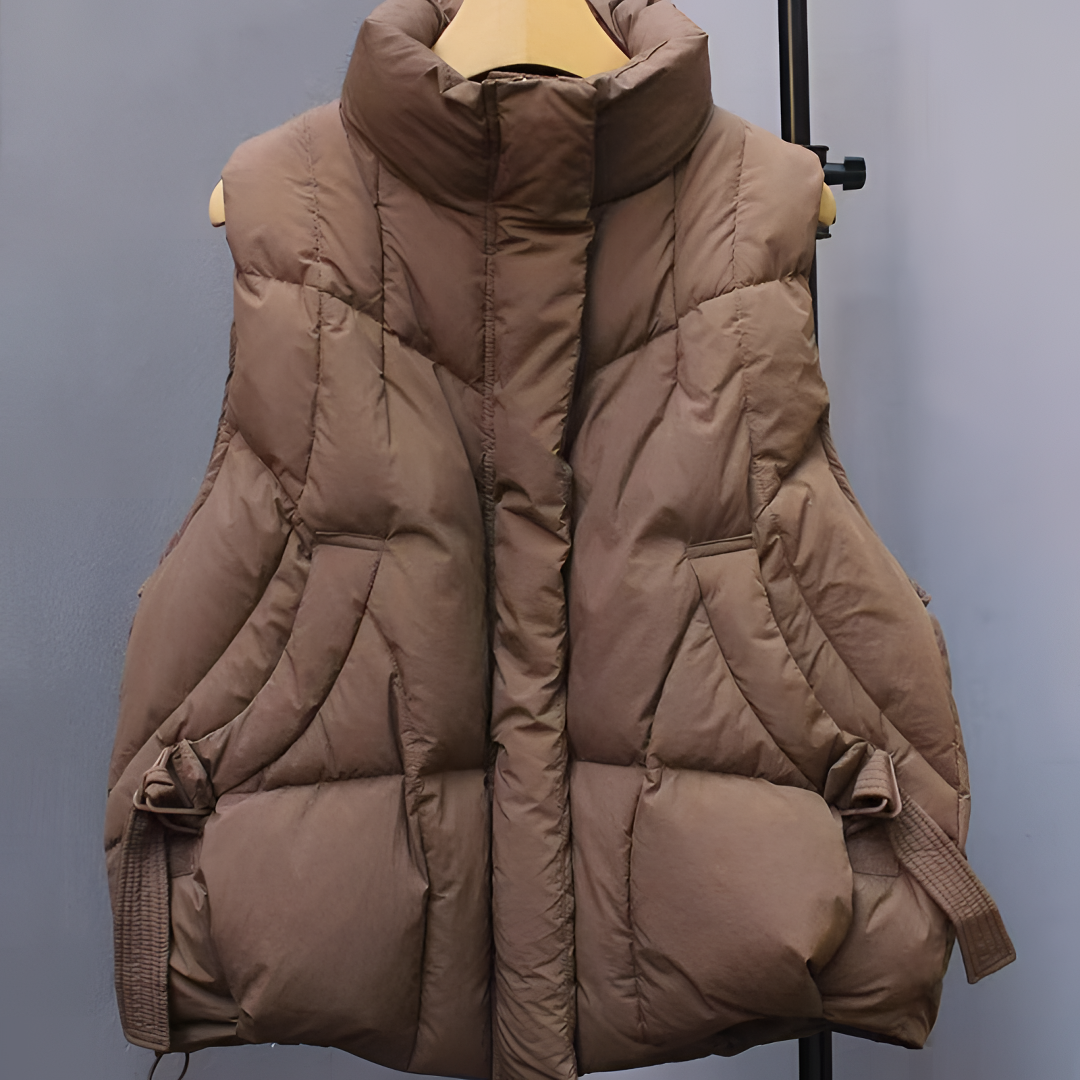 女款百搭通勤风立领加厚羽绒马夹短款宽松无袖飘带马甲