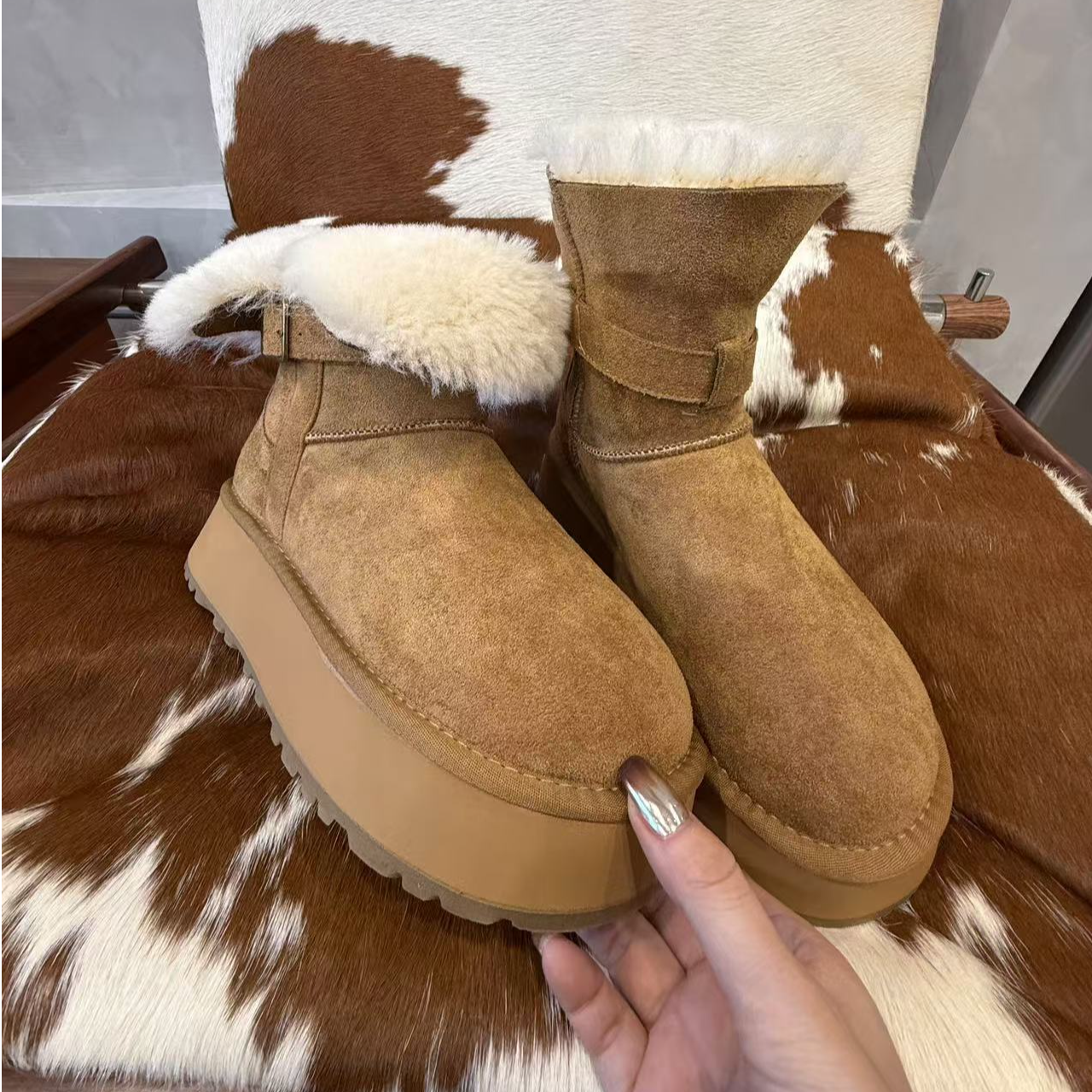 【谢婷婷原创】冬季厚底中筒加绒加厚保暖雪地靴（轻微浮毛正常现象）