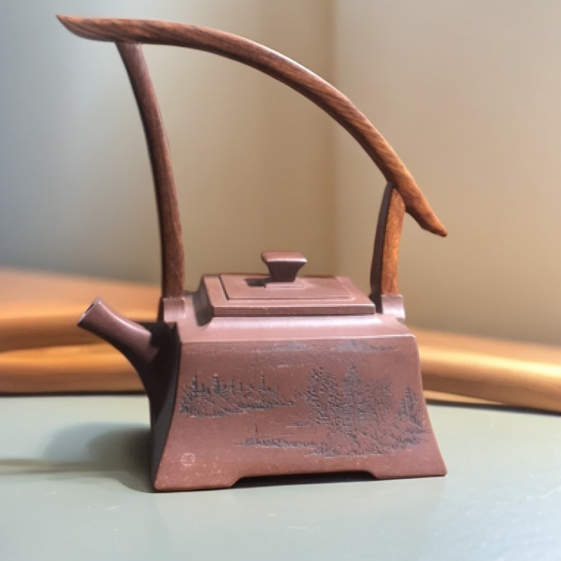 宜兴紫砂全手工提梁壶430cc王敬愚制作红木把手