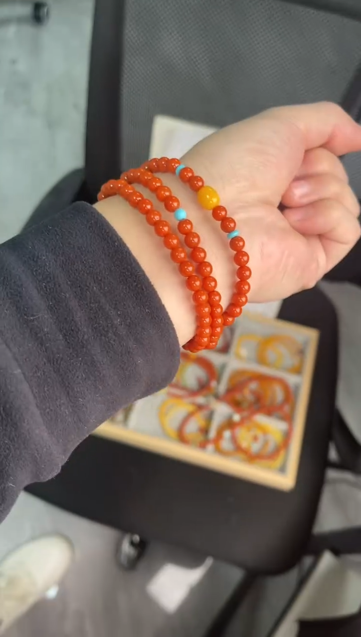 未镶嵌手串南红玛瑙南红三圈蜜蜡手串QF-C83（多样性发一）