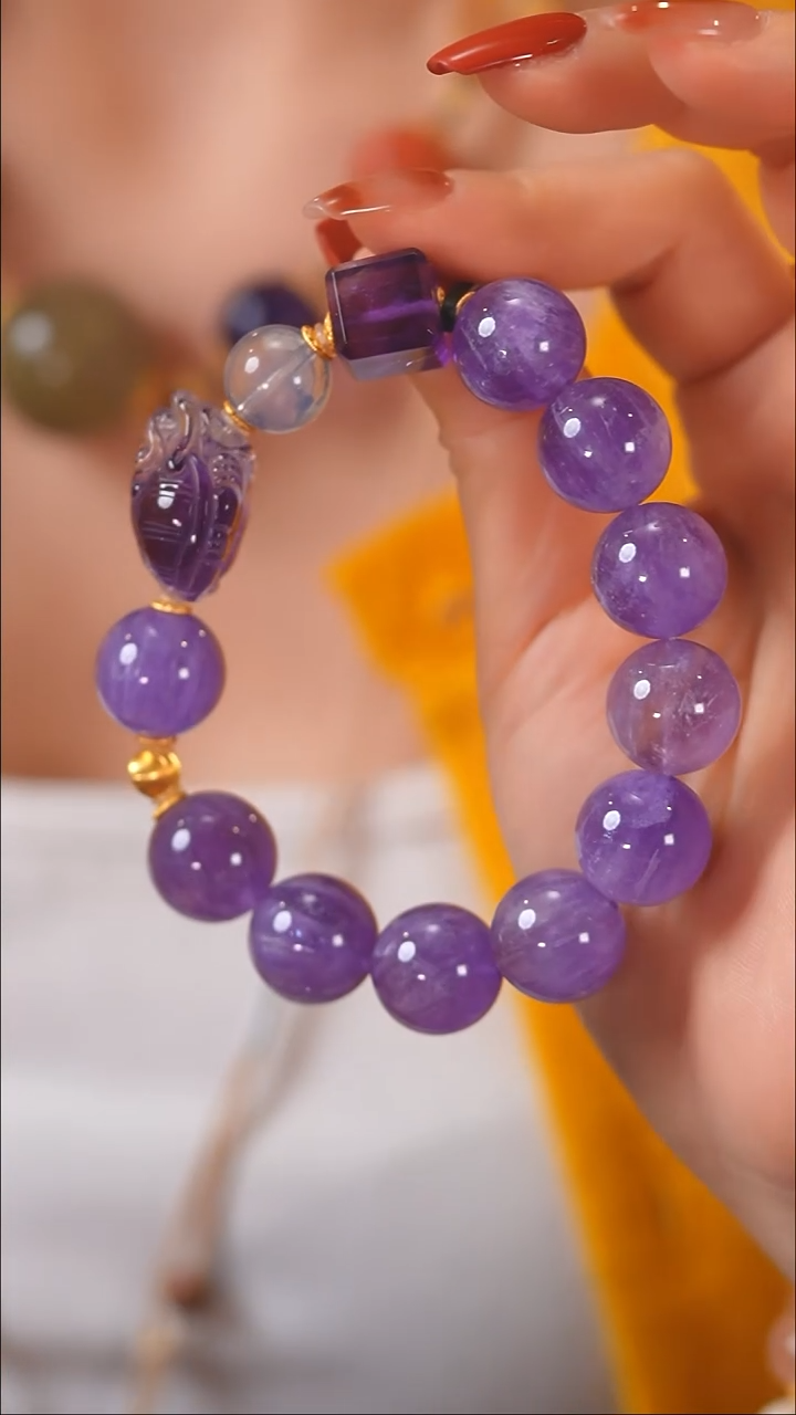 未镶嵌珠宝半成品水晶E490 龙龟  紫兔毛 水晶 手串