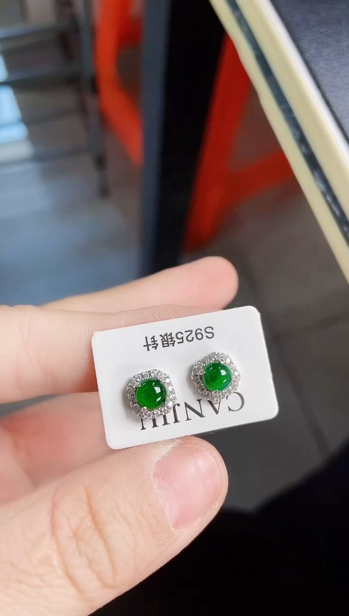 翡翠银S925镶嵌耳饰45646