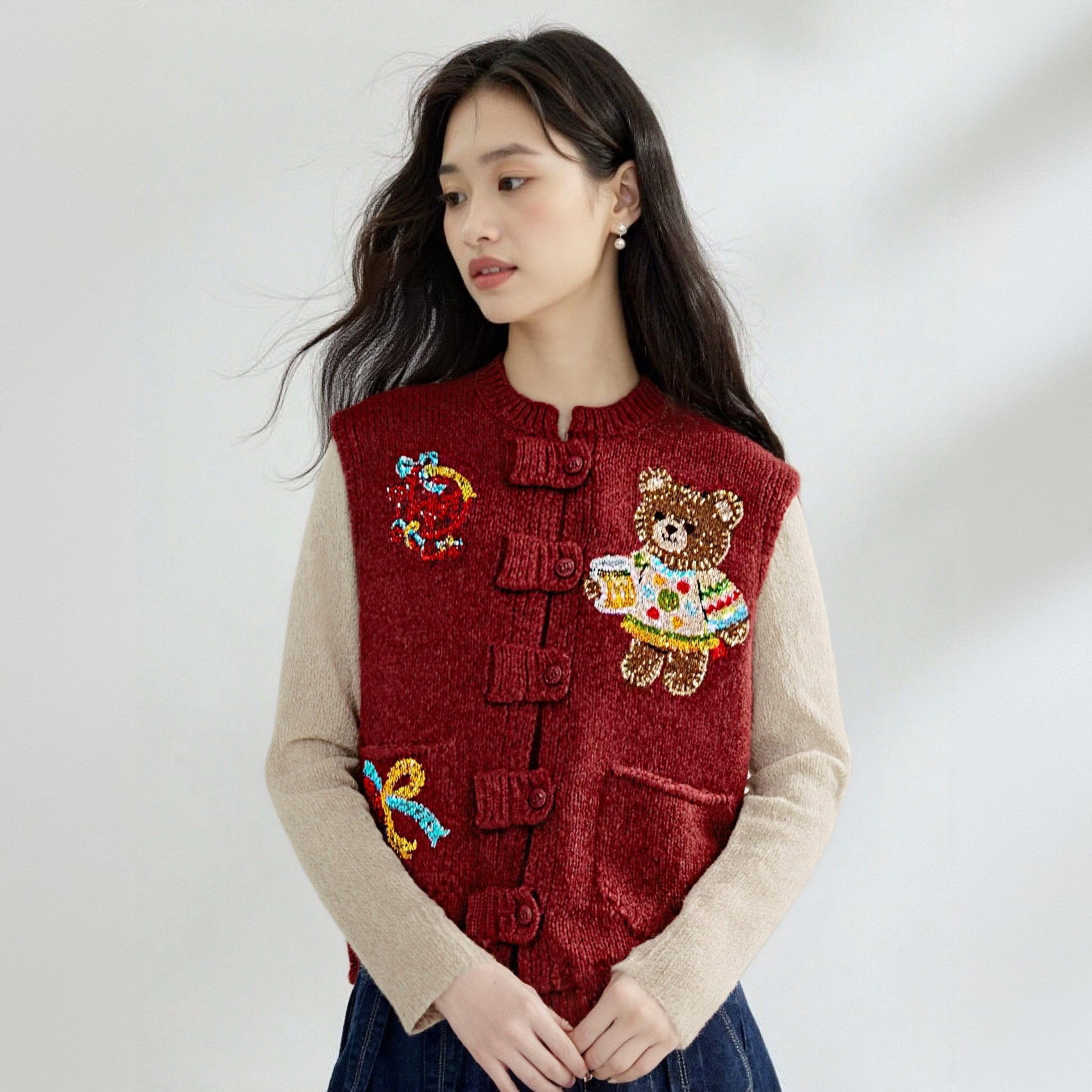 TCH私服冬款慵懒风烫钻时尚淑女红色气质马夹T75D09E1123轻奢tch