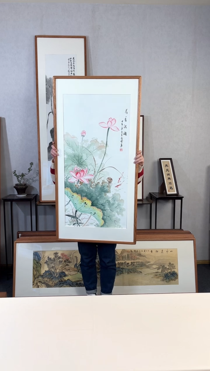 【闪购商品】国画手绘*荷香青韵*62*123cm实木框