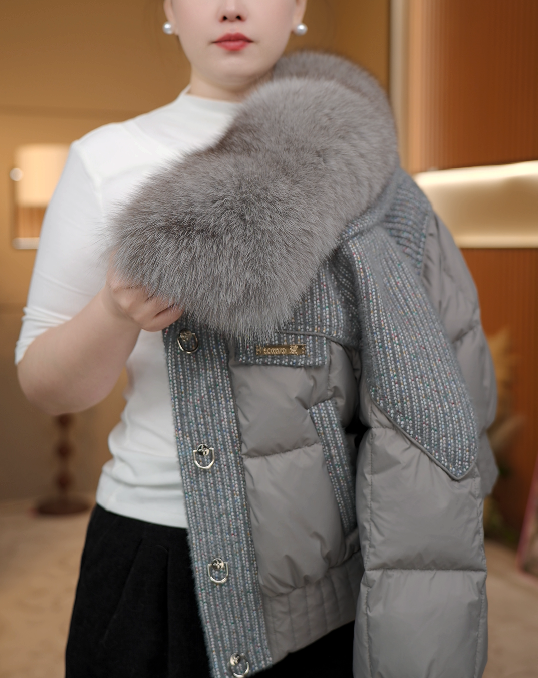 【琳琳专属】彩格圆领大毛领短款冬装时尚羽绒服2