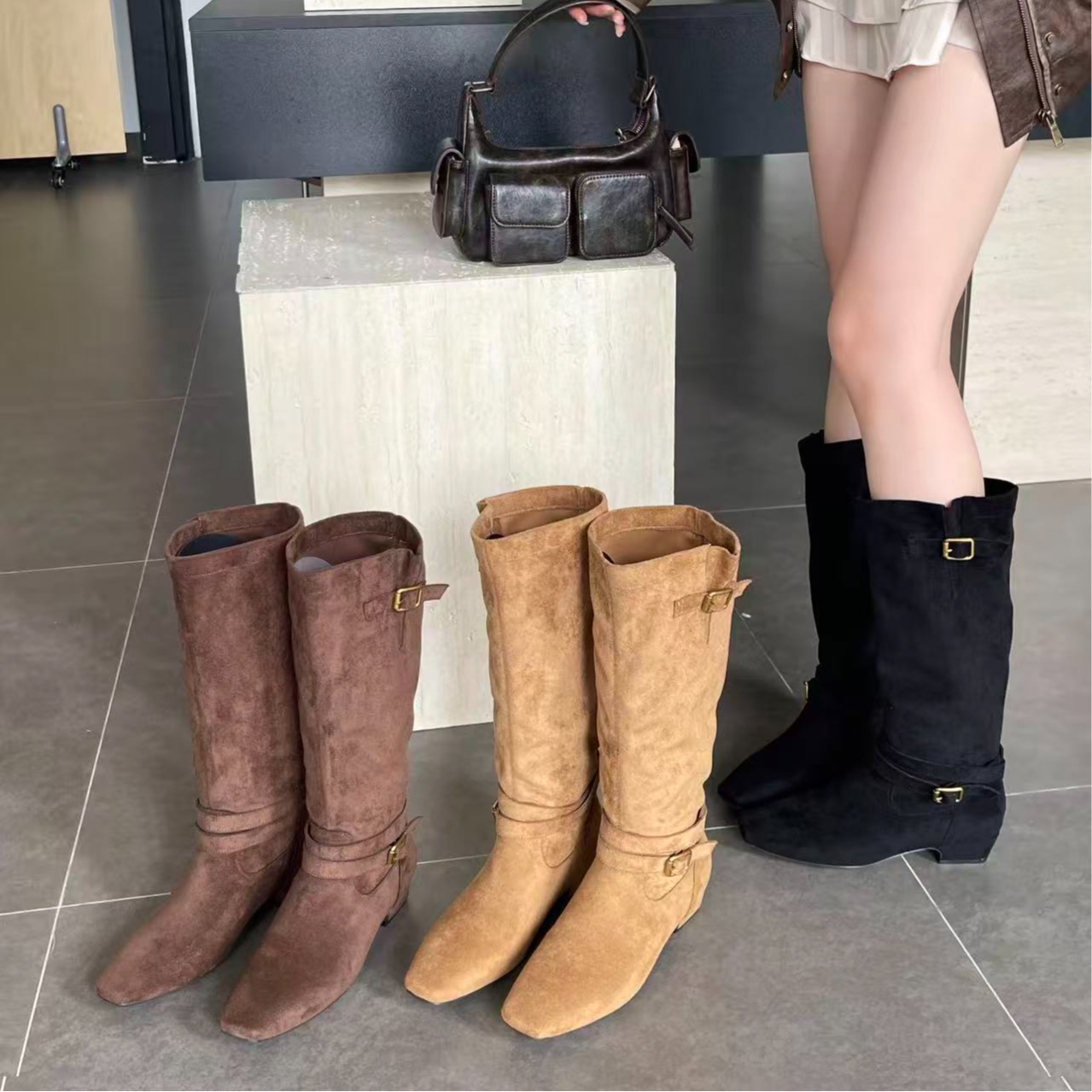 时装靴女长靴粗跟秋冬富家千金风沙丘废土风城市游牧风方头皮带扣