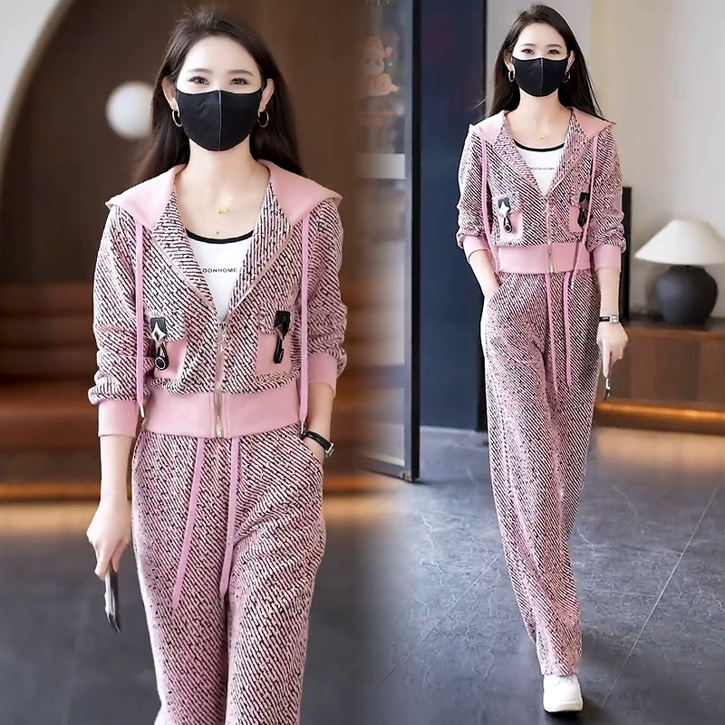 休闲运动服套装女2025春季新款洋气显瘦连帽开衫阔腿裤时尚两件套