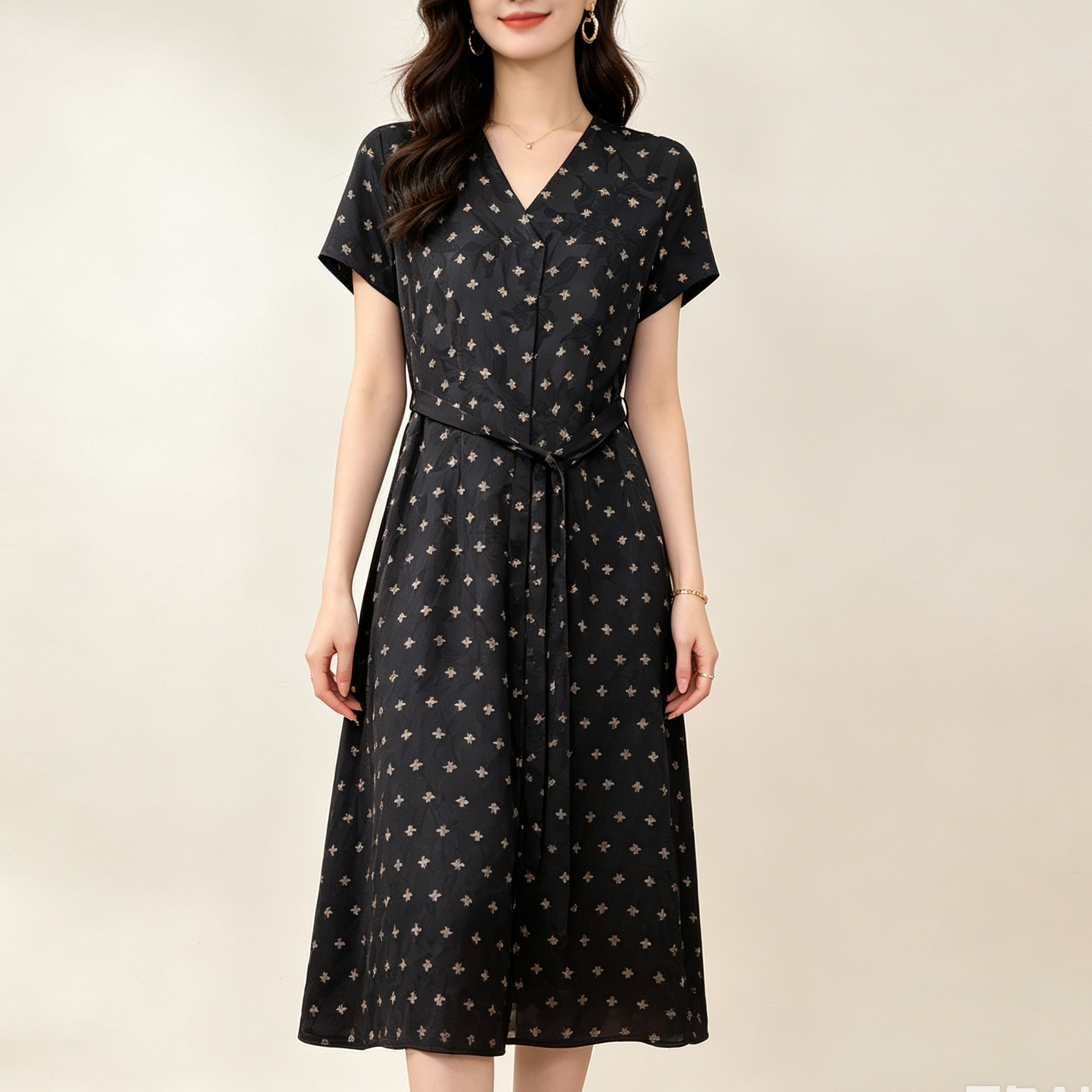 颂锦香【现货】【小蜜蜂】【万】Q3751国风V领连衣裙系腰带显瘦长款裙子