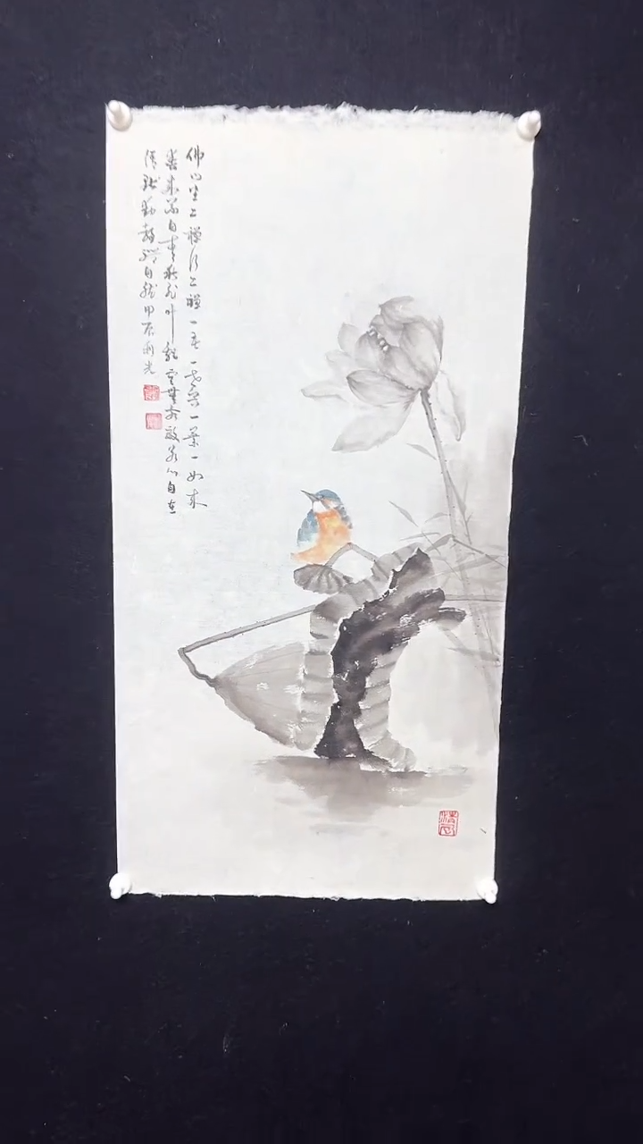 【闪购商品】国画水墨花鸟站莲杆