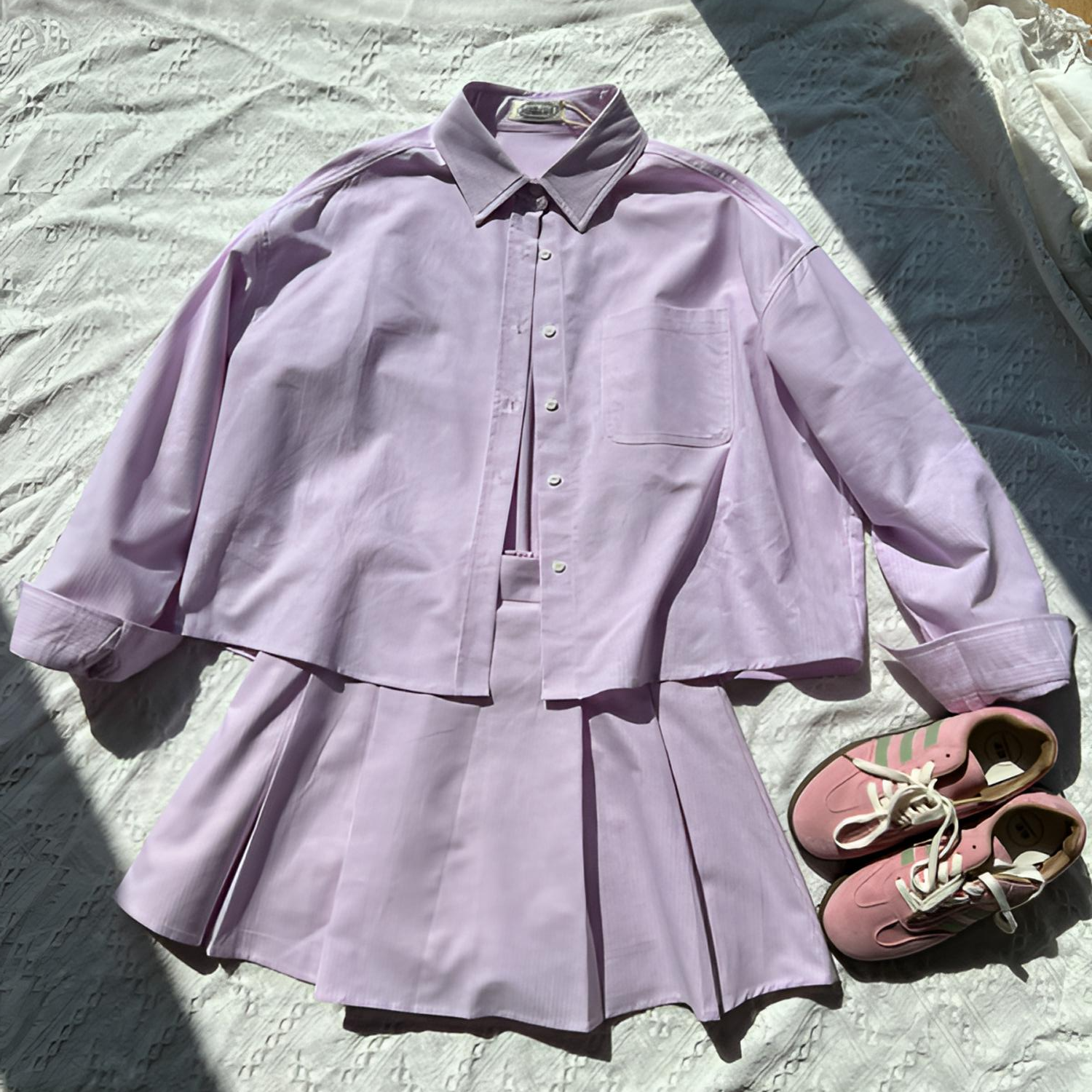 春季新品长袖休闲宽松设计师粉色条纹衬衣套装紫色套装紫色套装