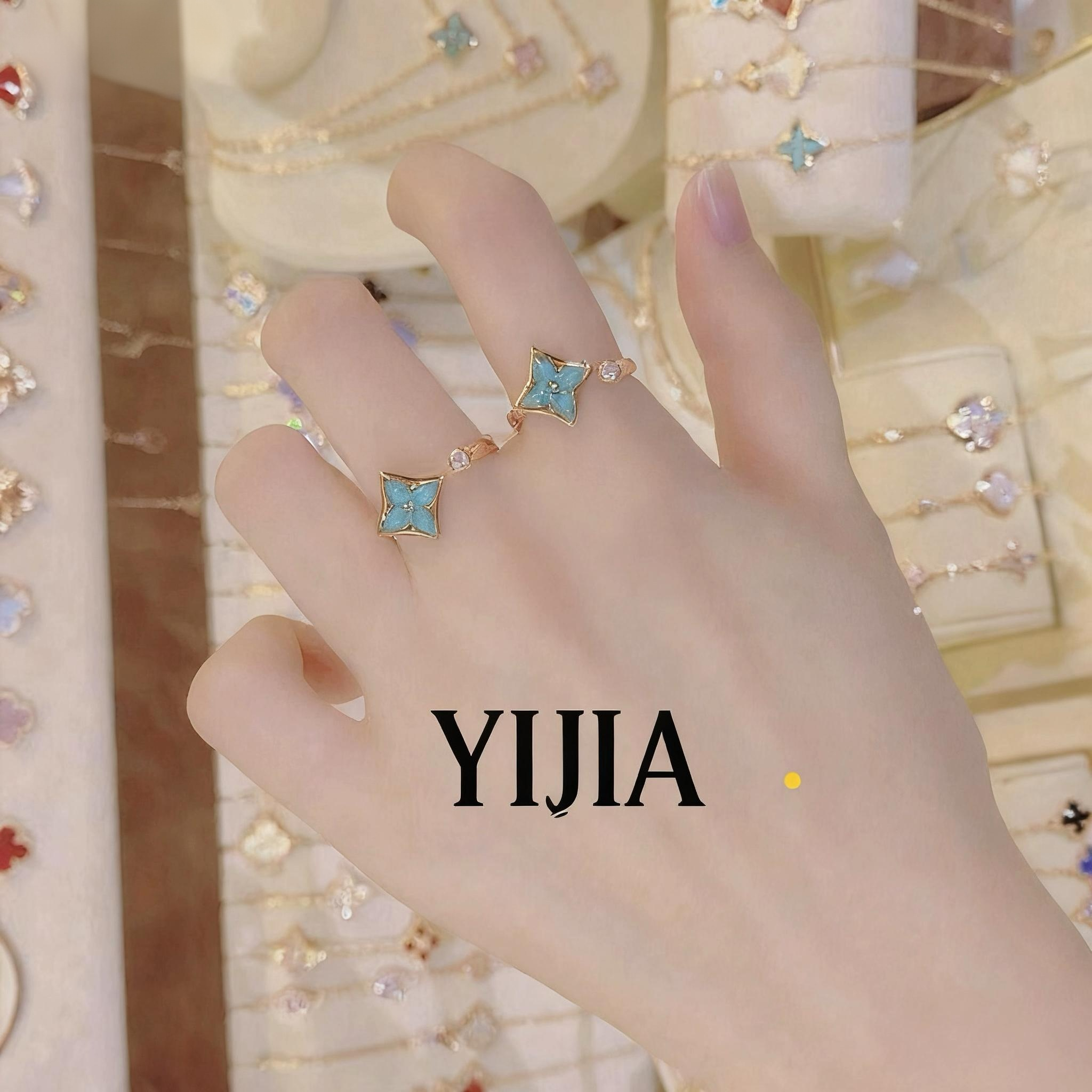 语花印 铜合金合成锆石戒指 时尚老花戒指FS1242（绿）轻奢百搭气质