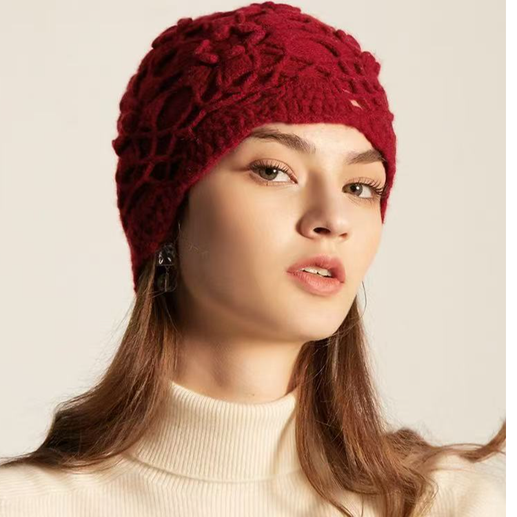 【阿拉善】纯山羊绒手工镂空花时尚精致女士包头帽重工双层针织帽子