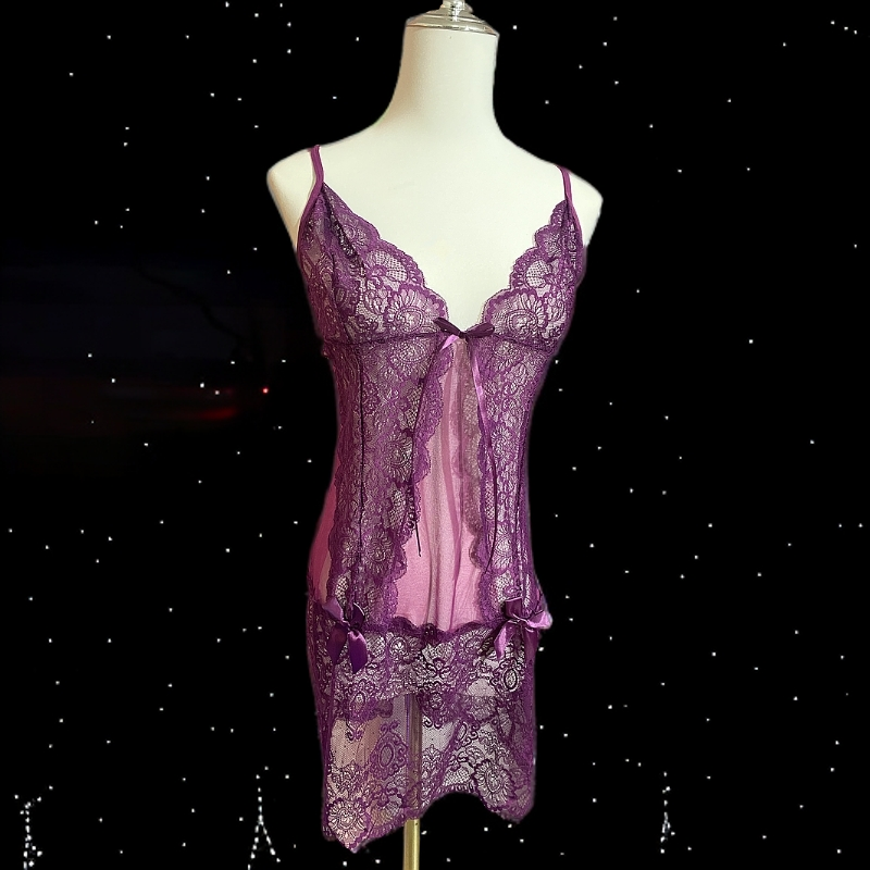 新款紫色蕾丝性感美背睡裙女生约会战袍高级显瘦薄款大码吊带睡衣