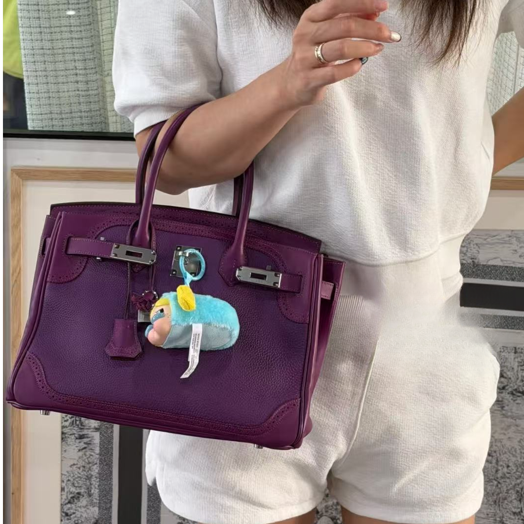 99新 Hermes/爱马仕 birkin30蕾丝海葵紫银扣togo皮 框R刻